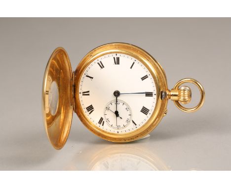 Gents 18 carat gold cased half hunter pocket watch with subsidary dial, blue steel hands with Roman numeral hour markings, wo