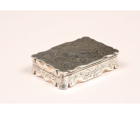 Victorian silver snuff box, engraved monogram, chased foliate decoration assay marked Birmingham 1882. 72mm long, 47mm wide, 