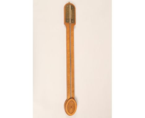 Late Victorian inlaid mahogany stick barometer. Brass weather scale, mercury filled. 87cm long