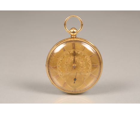 Gents 18 carat gold pocket watch, gilt dial with engraved floral and engine turned decoration, gilt Roman numerals with a sec
