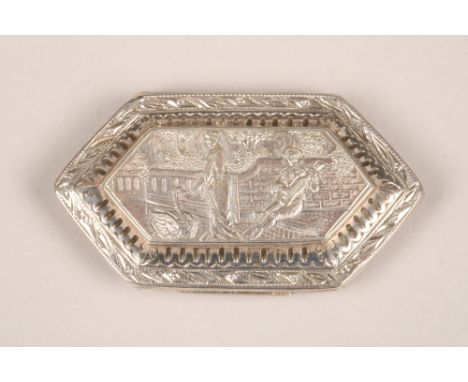 George III silver snuff box, hinged cover decorated with an embossed courting couple, assay marked Birmingham 1808. 69mm long