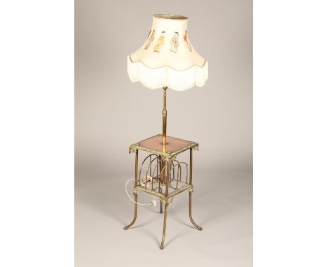 19th century copper and brass rise and fall lamp, modified for electric. Square table top with applied crowns above a magazin