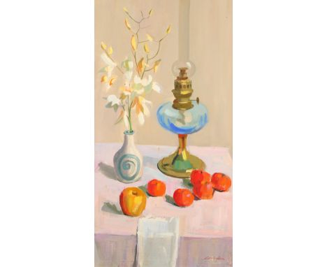 John Cunningham RGI (Scottish 1926-1998)   ARR Framed oil on canvas, signed'Still Life, Oil Lamp, Vase of Flowers and Fruit'7