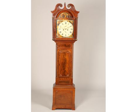 Victorian mahogany longcase clock with painted face depicting Rob Roy to the arch  and the four seasons to the corners. Weigh