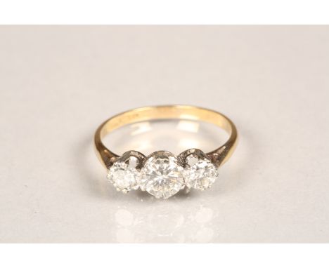 Ladies 18 carat gold three stone diamond ring, central 0.5 carat brilliant cut diamond flanked either side by 0.33 carat diam