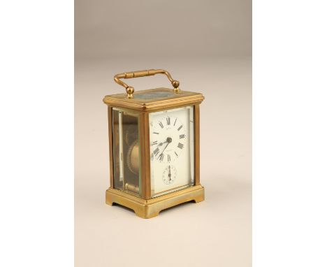 French brass carriage clock white dial and Roman numerals and an alarm dial marked De Vis Poitiers, 11cm high in a carry case