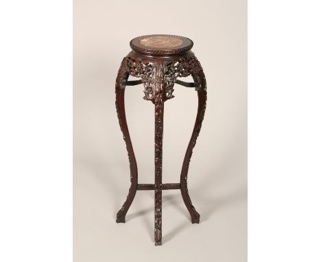 Chinese hardwood jardinière stand, circular top with marble insert supported by four cabriole legs united by a cross stretche