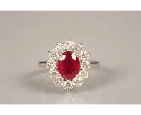 Ladies 18 carat white gold ruby and diamond ring, central ruby surrounded by twelve 0.1 carat diamonds. Ring size O.5