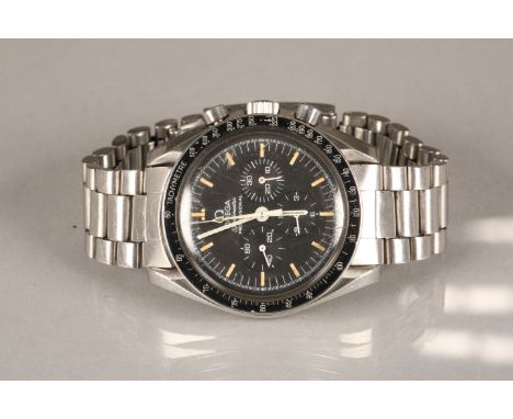 Gents stainless steel Omega Speedmaster professional moon watch, circ 1978 ref 145022.75, black bezel and black dial with thr