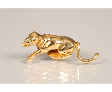 Cartier 18 carat gold panther tie pin with emerald eyes signed Cartier No607004 stamped 750 with French assay marks, weight 1