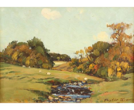 James Taylor Brown (Scottish) Framed oil on Board, signed 'Ayrshire River Landscape with sheep woodland' 20cm x 28cm The pain