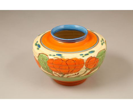 1930s Clarice Cliff Fantasque squat ribbed vase in the orange Lily pattern. Model number 356. 17cm high The vase is in very g