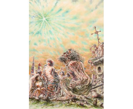 Peter Howson OBE (Scottish Born 1958) Framed mixed media, signed dated 2013 'Heaven on Earth' 35cm x 25cm