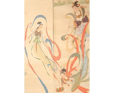 A set of four 20th century Chinese handing scrolls, the elements, each decorated in Tang Dynasty style with dancers and music
