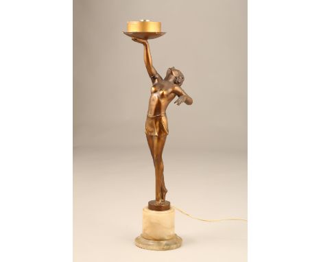 Art Deco bronzed lady figure table lamp, young woman at full stretch on her toes, mounted to an onyx base (glass shade missin