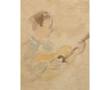 Oleguer Junyent (Spanish 1876-1958)   ARRFramed watercolour, signed dated '35'Spanish Musician Playing a Guitar'20cm x 16cm
