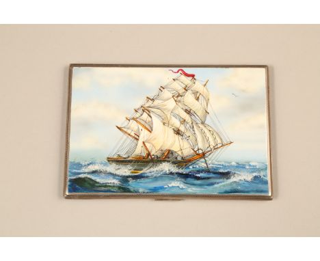 Silver engine turned cigarette case, the front enamelled with a sailing ship made by Mappin & Webb Birmingham 1935 12.5cm x 8