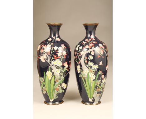 Pair of cloisonné vases, baluster form, cobalt blue ground decorated with assorted flowers and flowering prunus 37cm high Vas