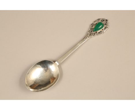 Arts & Crafts silver spoon with hammered finish to bowl and inset cabochon agate finial. Assay marked London 1937 by female s