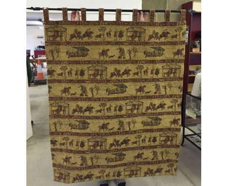 A large wall hanging tapestry of Bayeux Tapestry scenes on black wrought iron pole approx 124 x 155