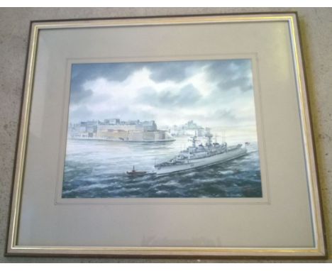 Aldo M. Galea (Maltese) watercolour of HMS London leaving Malta harbour signed &amp; dated lower right A.M.Galea 3.5.79 26 x 