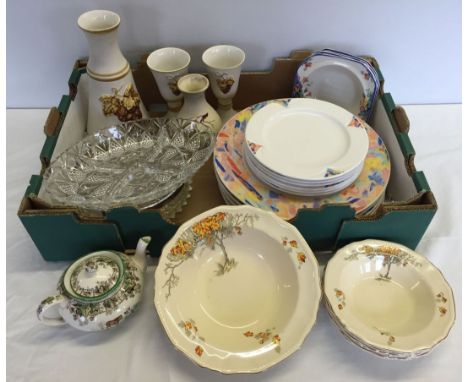 A box of mixed ceramics and glass to include Copeland spode teapot and an Alfred Meakin fruit set