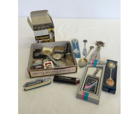 A collection of vintage lighters, ( to include a Sarome ship shaped lighter and 9 Lotus promotional lighters), keyrings and c