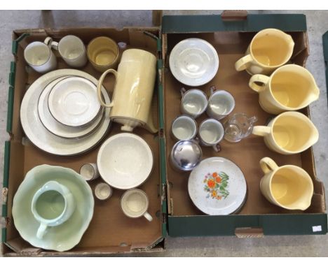 2 boxes Wade Ware and Johnson Bros dinnerware to include jugs, plates, cups and saucers with sugar bowl.