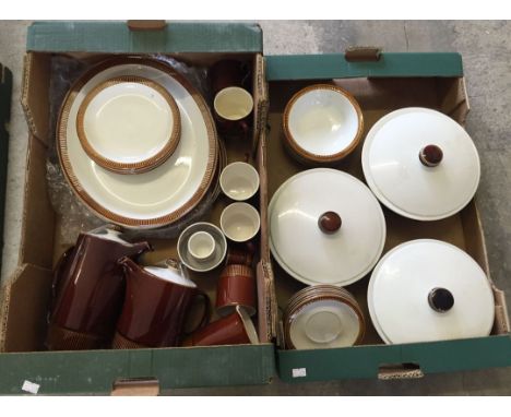 2 boxes Poole dinner ware brown and white design. Comprising a coffee pot, tea pot, 4 cups, 6 saucers, 6 bowls, 5 side plates