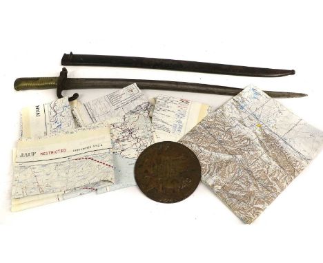 A First World War Memorial Plaque, awarded to WILLIAM JOHN BARRETT; five Various British Issue Silk Escape Maps, comprising B