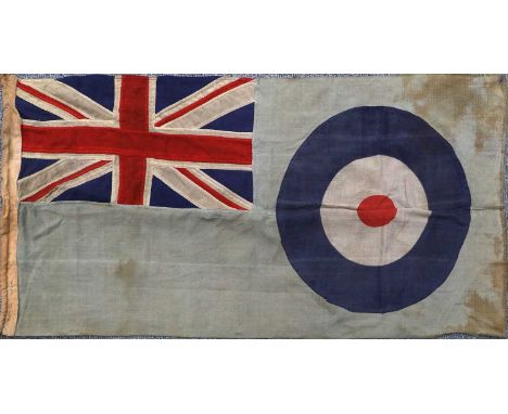A Second World War RAF Ensign, of stitched linen panels showing the Union Jack in the canton, the sky blue field with the RAF