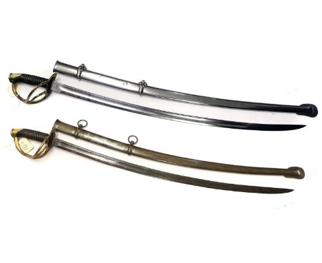 Two Copies of US M1860 Cavalry Swords, each with 88cm single edge curved fullered steel blade, one stamped US 1873 1/3 A.C.M.