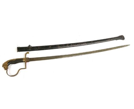 An Imperial German Officer's Lion Head Sword, with 77.5cm plain single edge fullered steel blade, later gilt painted steel hi