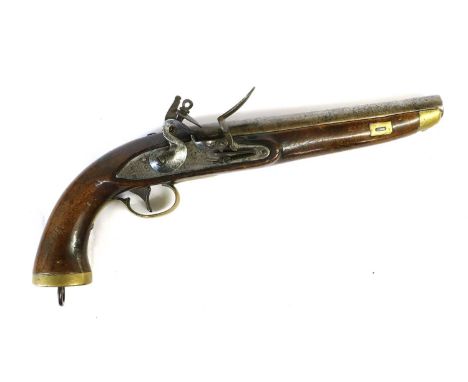 A Belgian Model 1813 Flintlock Cavalry Pistol, with 23cm steel barrel, rounded steel lock plate, walnut full stock with brass