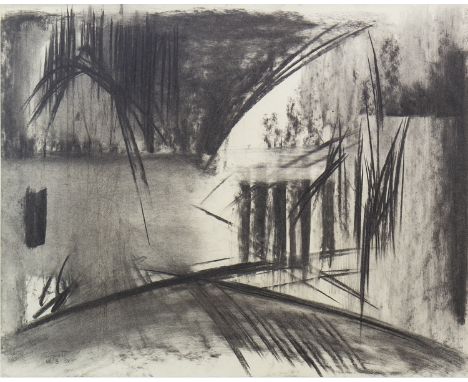 * BRUCE TIPPETT (BRITISH 1933 - 2017), LANDSCAPE WITH REEDS charcoal on paper, signed and dated 14.03.58 42cm x 53cm Mounted,