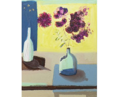 * DAWN HARVEY (BRITISH b 1963), STILL LIFE WITH FLOWERS IN A VASE oil on paper, signed 60cm x 46cm Mounted, framed and under 