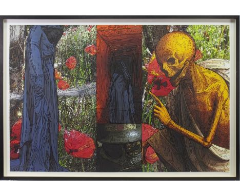 PETER J SCOTT, LIFE AND DEATH pen over print, signed 60cm x 92cm Framed and under glass