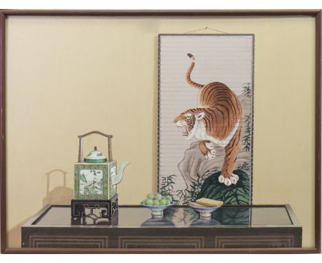 * DAVID COSTER, STILL LIFE WITH CHINESE SCROLL AND CERAMICS oil on board, signed and dated '78 52cm x 70cm Framed and under g