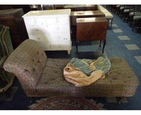 A Victorian Button Upholstered Day Bed with Turned Mahogany Feet culminating in Castors (for re-upholstery) 