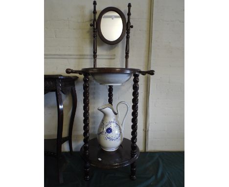A Continental Wooden Shaving Stand with Ceramic Jug and Bowl Set