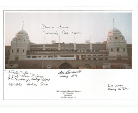 1948 LONDON OLYMPIC GAMES 8x12 Wembley Photo signed by 6 GB Medal Winners Bert Bushnell, Dorothy Tyler, David Bond, Mike Lapa