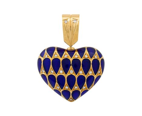 Herzanhänger mit königsblauem Fensteremail und Brilllanten von zus. ca. 0,2 ct, gute Farbe u. Reinheit, GG 18K, 14,4 gr, LxB 