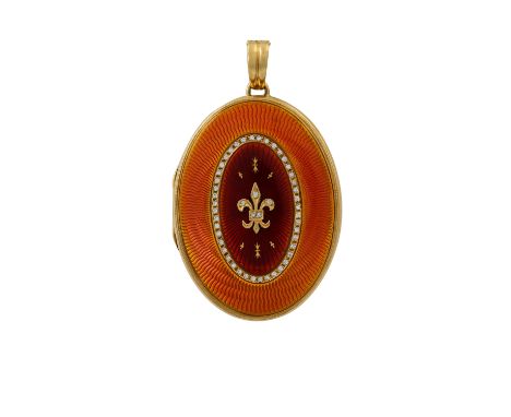 FABERGÉ BY VICTOR MAYER großes Medaillon mit Brillanten von zus. ca. 0,49 ct, ca. FW (F-G)/VVS und orange-rotem Email auf gui