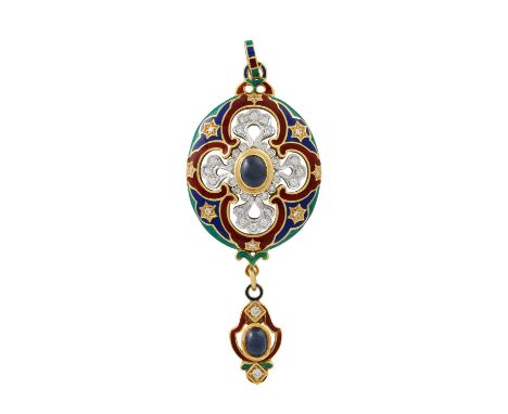 Anhänger mit polychromem Email, Brillanten von zus. ca. 0,27 ct, gute Farbe und Reinheit und 2 ovale Saphircabochons zus. ca.