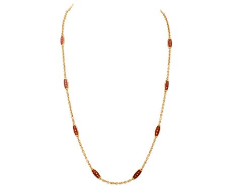 FABERGÉ BY VICTOR MAYER Collierkette mit rot-orange emaillierten Zwischenteilen und Doppeladler-Emblem, GG 18K, 31 g, L: 60 c