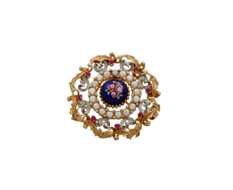Brosche/Anhänger floral mit kleinen Zuchtperlen, Rubinen und emaillierter Halbkugel im Zentrum, GG 18K, 7,6 g, D: 2,9 cm, 20.