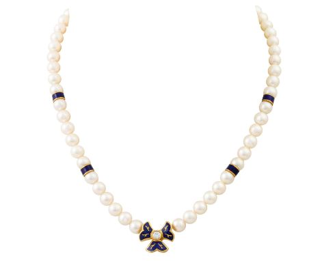 FABERGÉ BY VICTOR MAYER Perlcollier mit Brillant ca. 0,2 ct, ca. FW (F-G)/VVS und blauem Email, Zuchtperlen 6,5 mm, GG 18K, 3