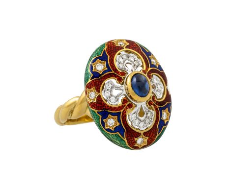 Ring mit polychromem Email, Brillanten von zus. ca. 0,056 ct, gute Farbe und Reinheit und 1 ovaler Saphircabochon ca. 0,5 ct 