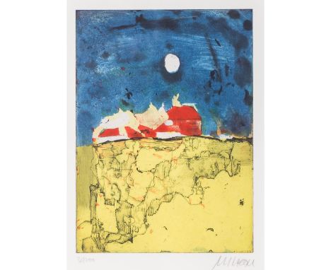 MÜLLER-STAHL, ARMIN  (geb. 1930), "Rote Häuser bei Vollmond", abstrahierte Landschaft, Farbaquatintaradierung/Papier, u.re. m