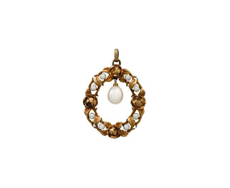 Anhänger mit Perlen, GG 14K, 5,2 g, 3,5x2,5 cm, ovaler Kranz mit Rosen und kleinen Zuchtperlen, abhängend Zuchtperltropfen, 2